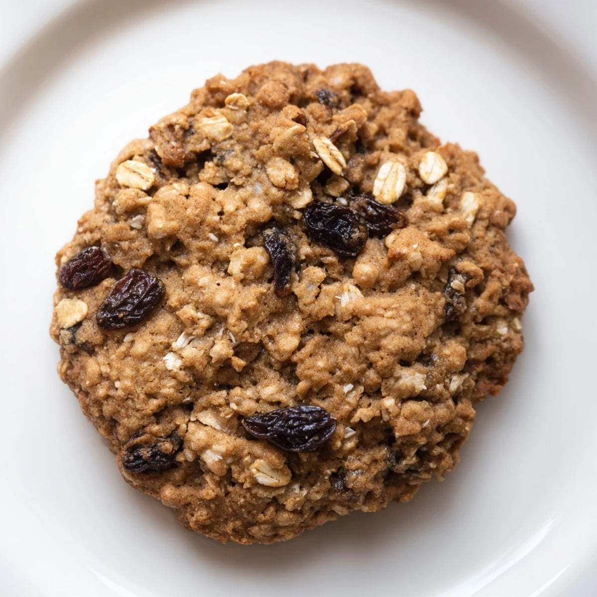 Freshly baked chewy oatmeal raisin cookies on a plate, warm and inviting for dessert.