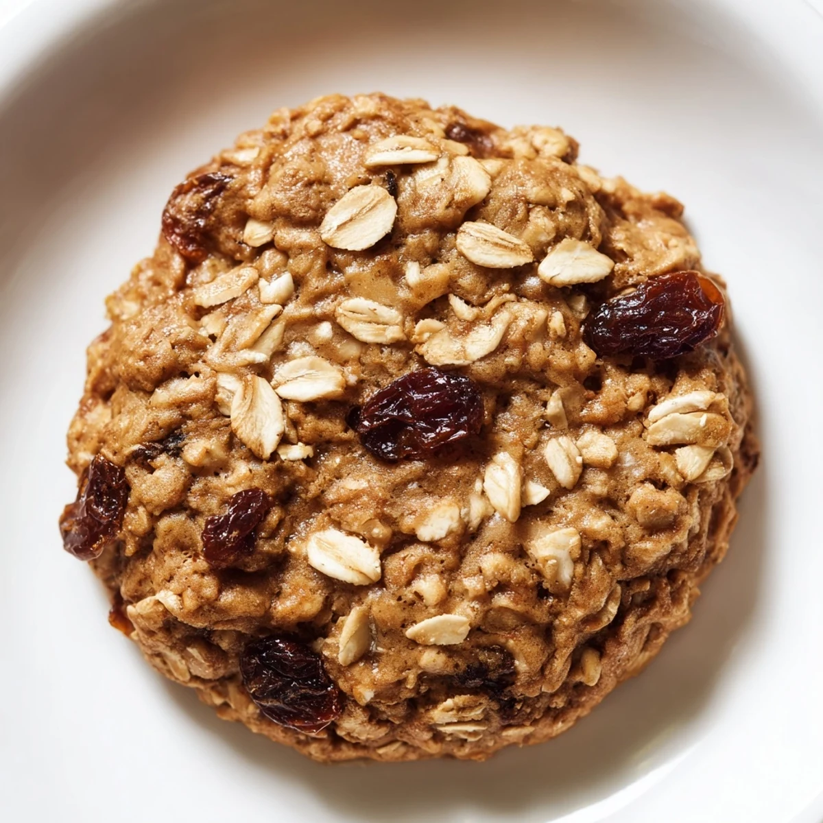 A close-up of golden chewy oatmeal raisin cookies, studded with plump, juicy raisins.