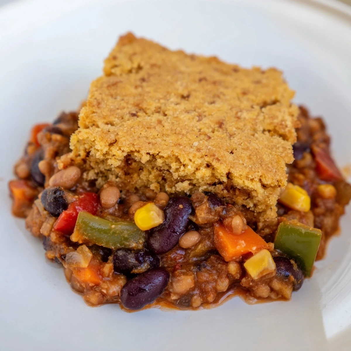A warm bowl of Rustic Wheat Chili with golden, fluffy cornbread ready to be savored.