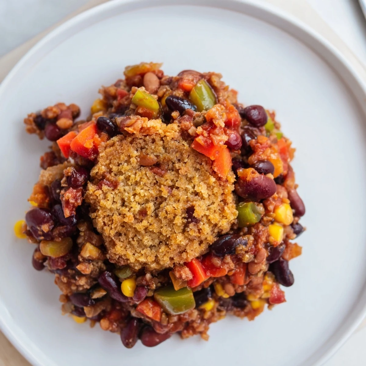 The Rustic Wheat Chili recipe features a hearty, steaming bowl with fluffy cornbread.