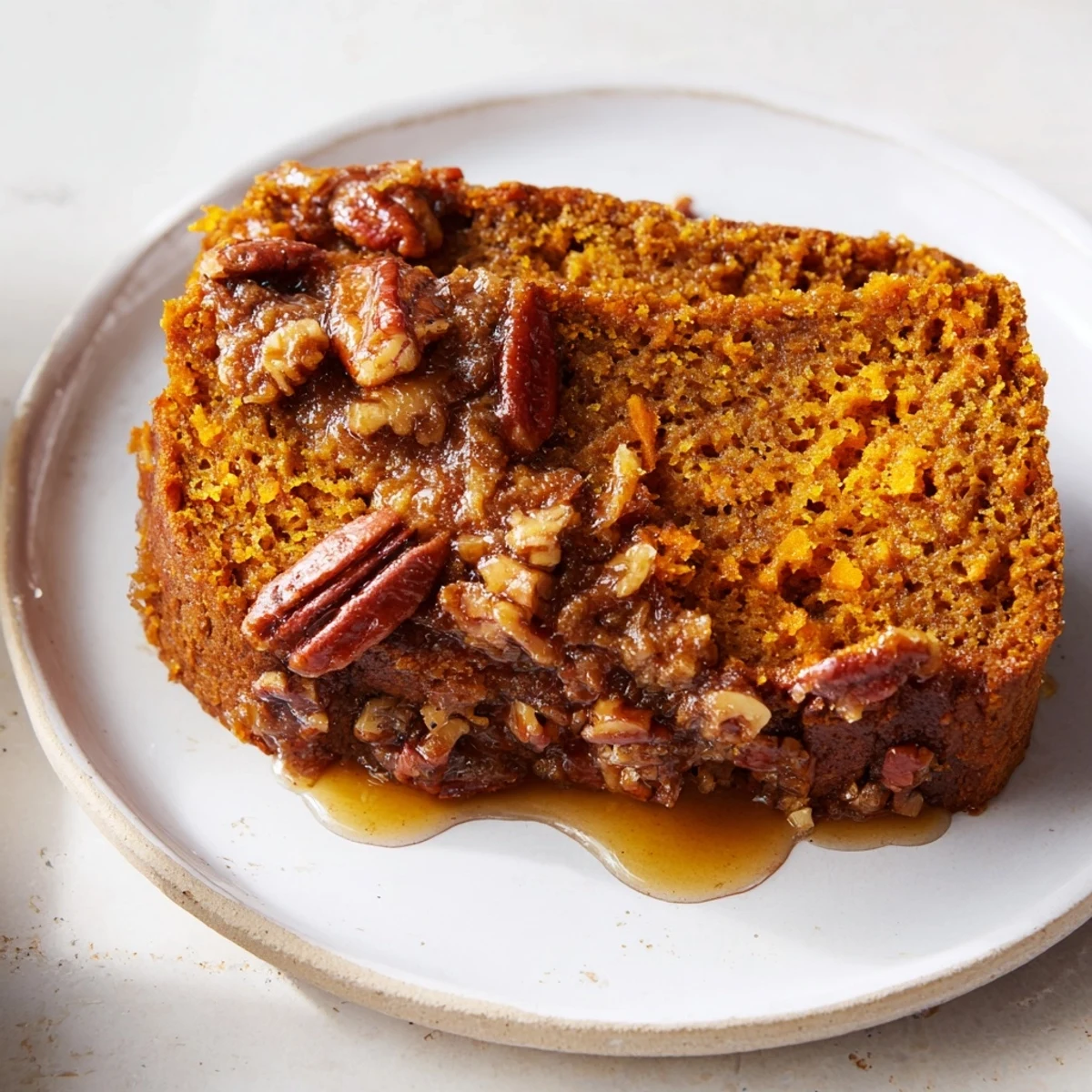 Moist slices of Weekend Cabin-Style Sweet Potato and Pecan Loaf shown, delicious for breakfast or a snack.