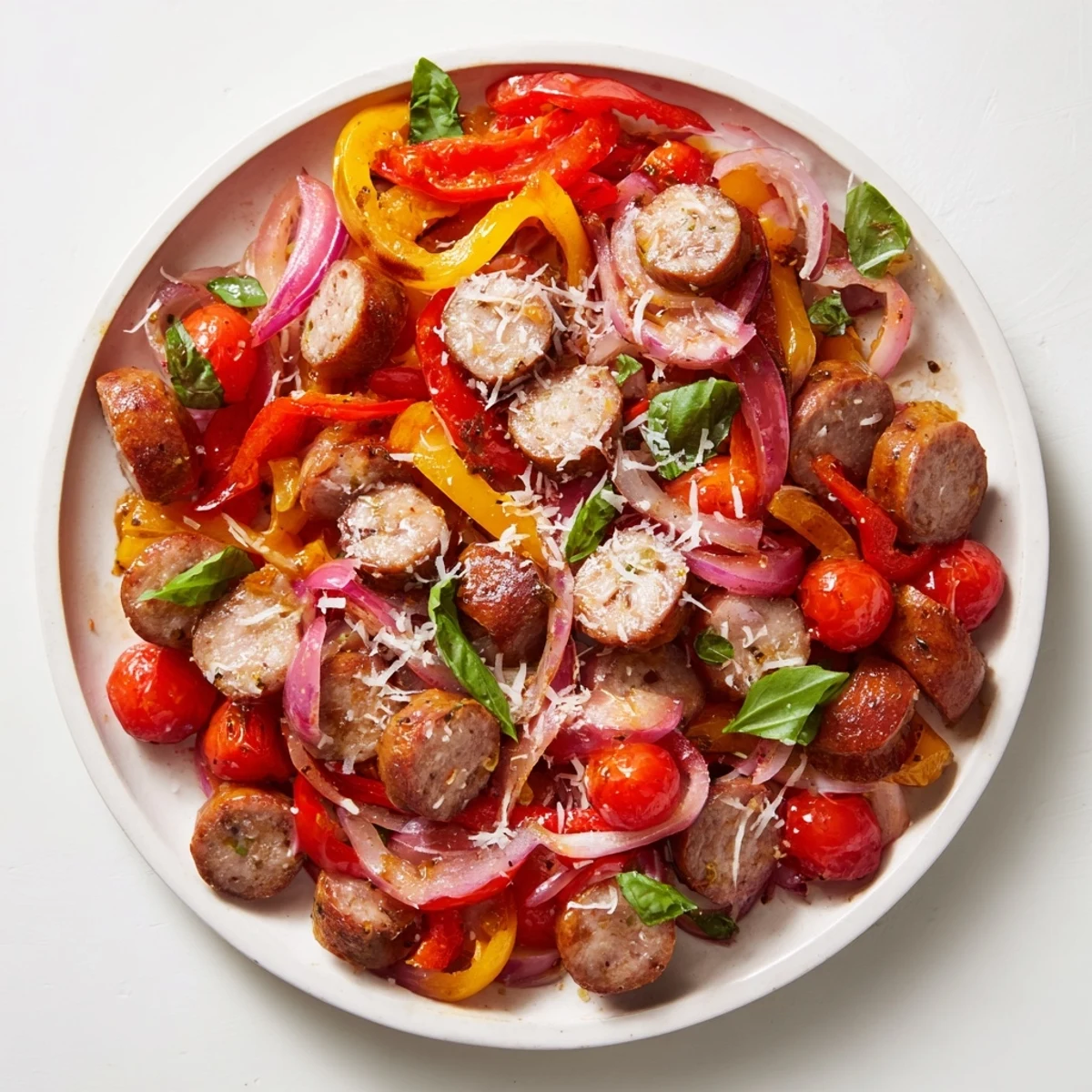Sizzling Basil-Boosted Sausage and Pepper Skillet Supper, with colorful peppers and browned sausage ready to serve.