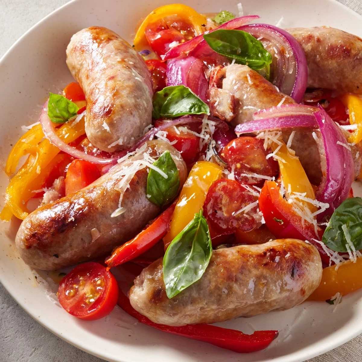 Fresh basil perfumes this delicious Basil-Boosted Sausage and Pepper Skillet Supper with juicy sausage and vibrant veggies.