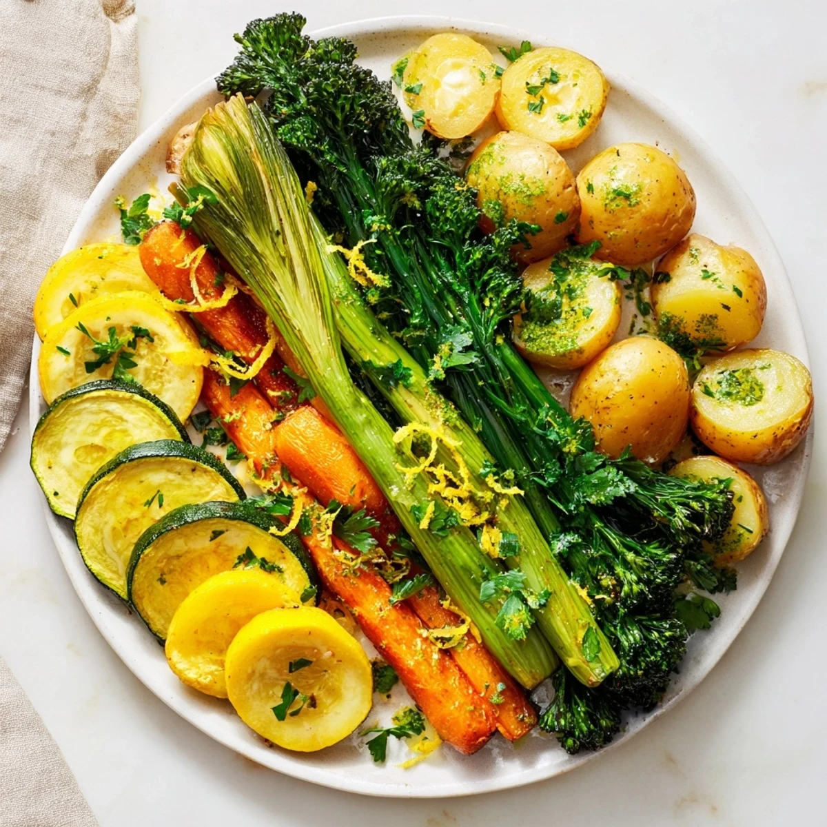 Golden, glistening light herb and fern-inspired roasted vegetable platter, a colorful and healthy side dish.