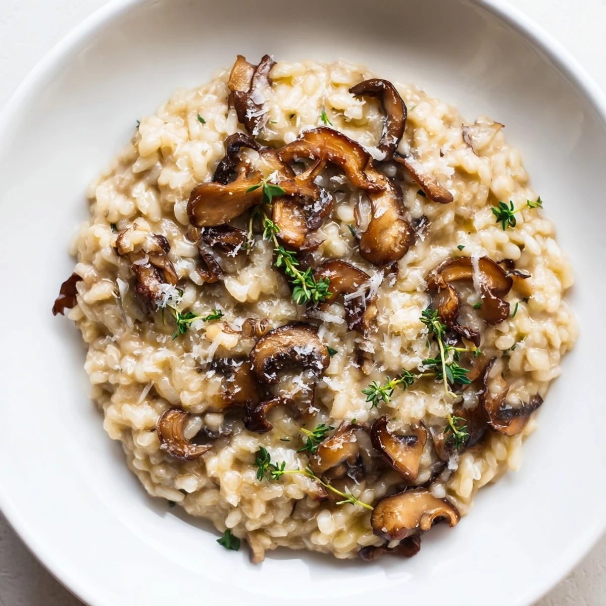 A steaming bowl of Cedar-Warm Mushroom and Thyme Risotto, with visible mushrooms and Parmesan cheese.