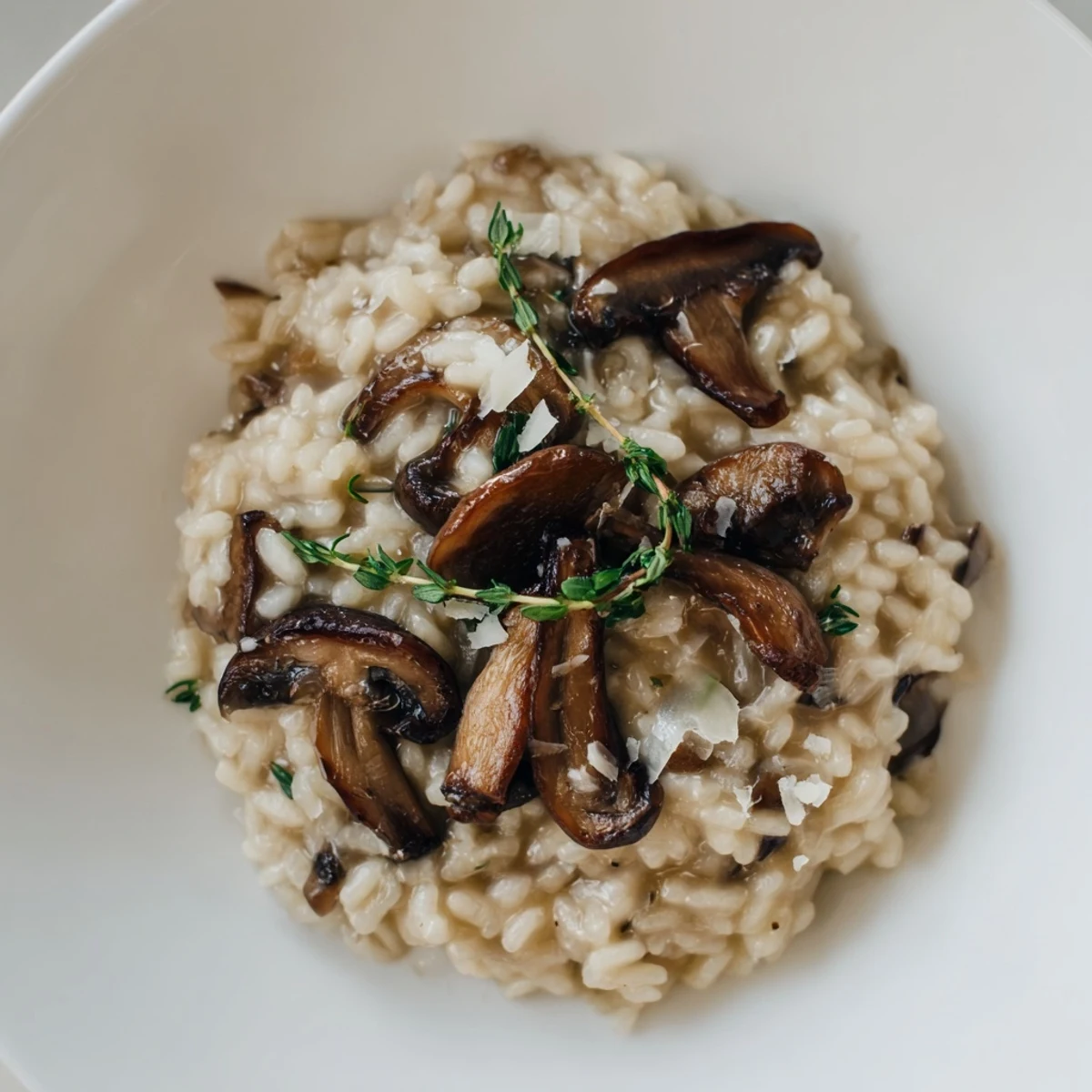 This creamy Cedar-Warm Mushroom and Thyme Risotto presents an inviting, rustic image, ready to enjoy.