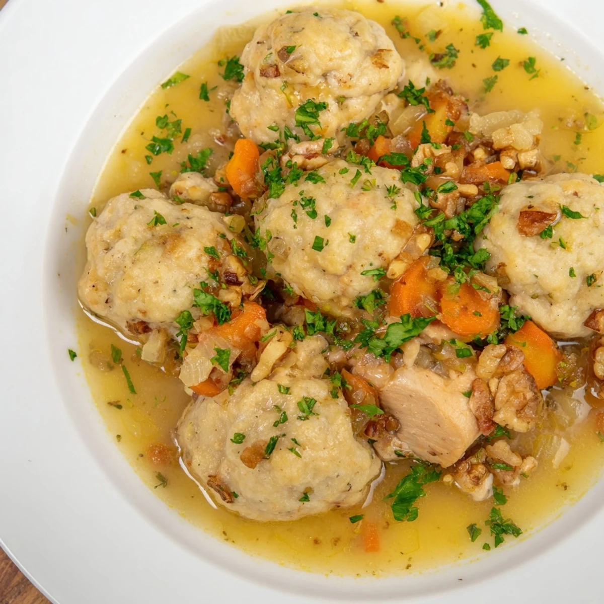 Nut-Warm Homestyle Chicken and Dumplings showcasing fluffy dumplings in a savory, aromatic broth with tender chicken.