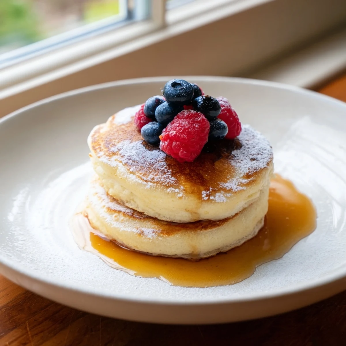 Fluffy ricotta pancakes stacked high, drizzled in golden syrup; a perfect breakfast.