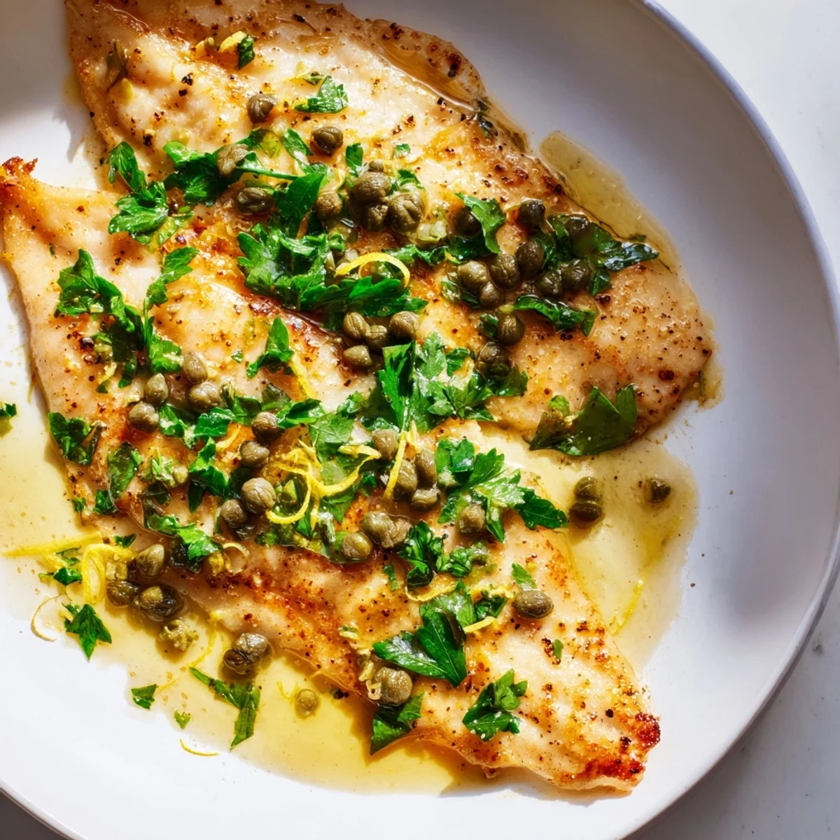 Savory Simple Fork-Friendly Lemon-Herb Tilapia, perfectly pan-seared with golden edges and a vibrant sauce.