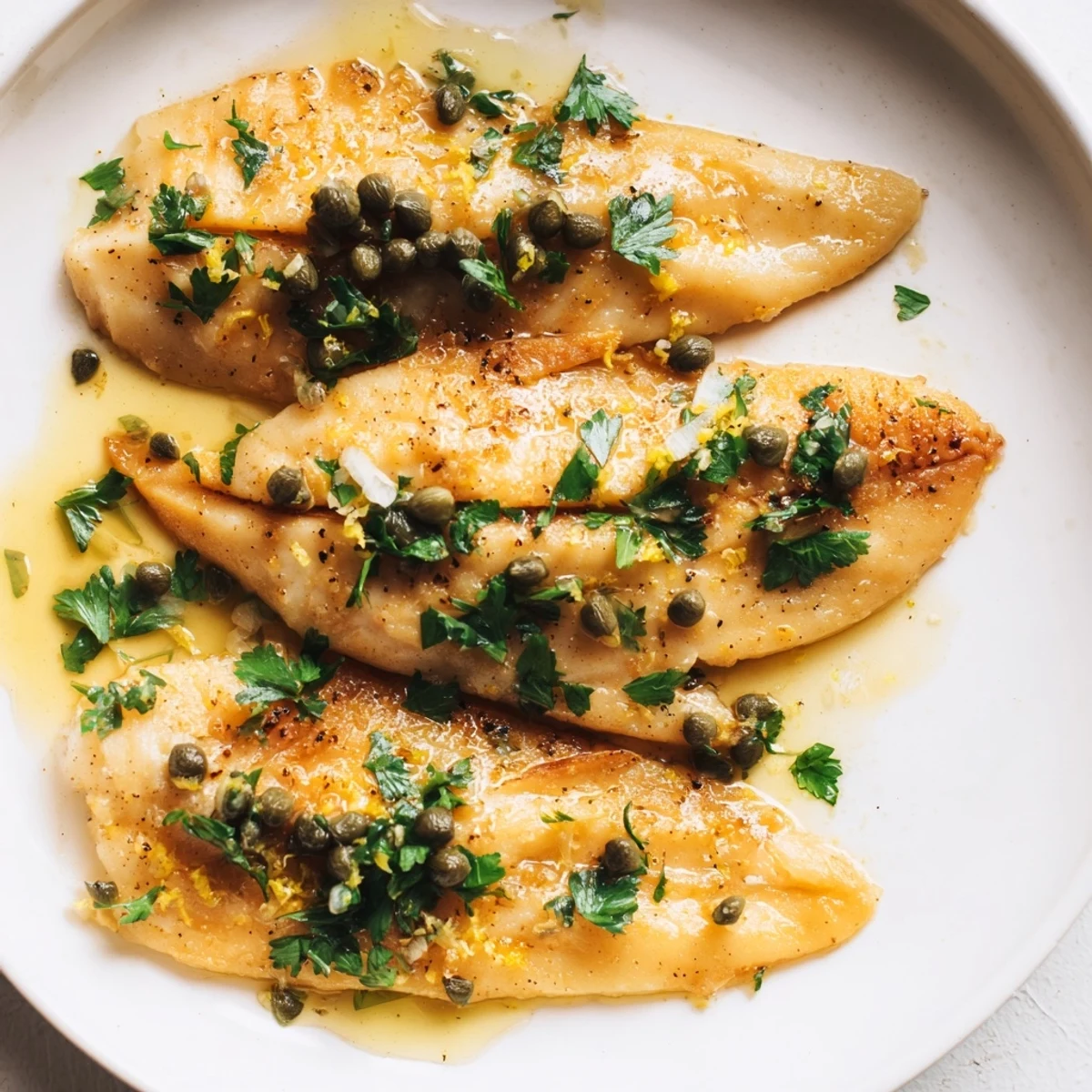Bright and citrusy Simple Fork-Friendly Lemon-Herb Tilapia, served with lemon wedges and fresh herbs.