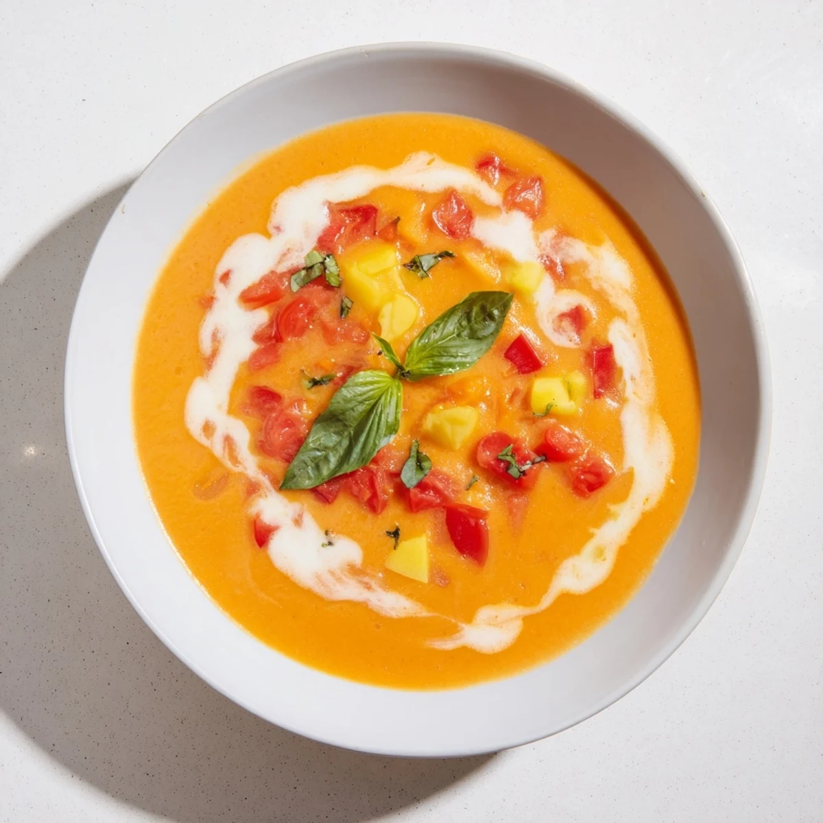 Whisked Weeknight Creamy Tomato and Basil Soup in a bowl, swirled with fresh cream and garnished with basil.
