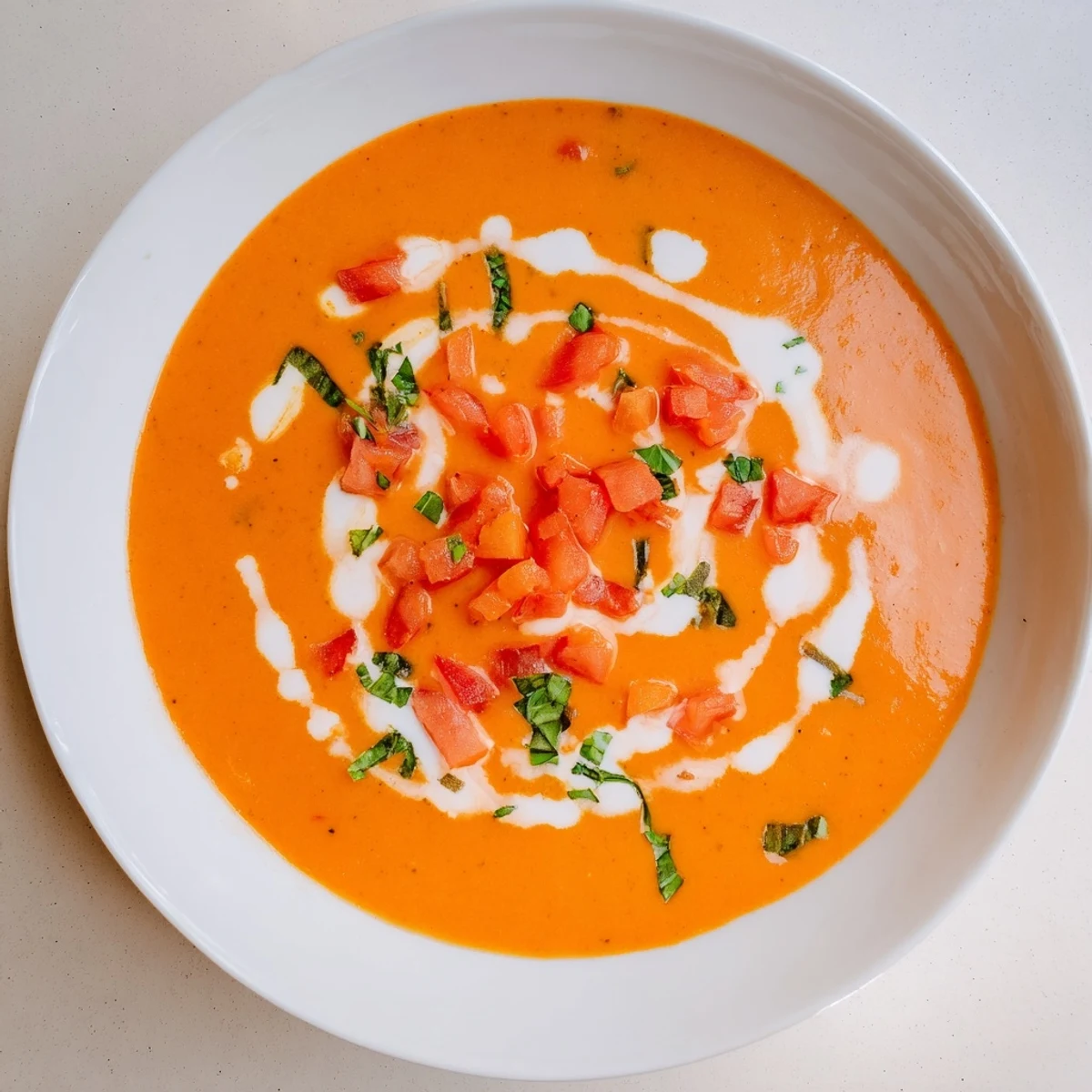 Enjoy a steaming bowl of Whisked Weeknight Creamy Tomato and Basil Soup, perfect for a cozy weeknight meal.