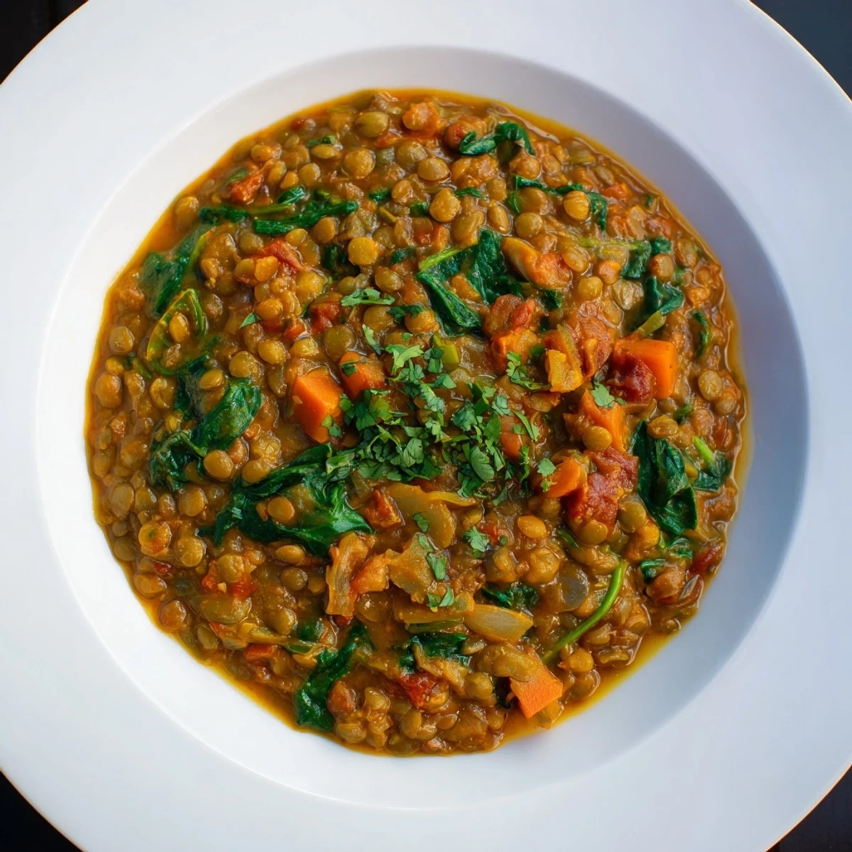 Steaming bowl of Lentil and Spinach Curry, garnished with cilantro, ready for a comforting vegan dinner.