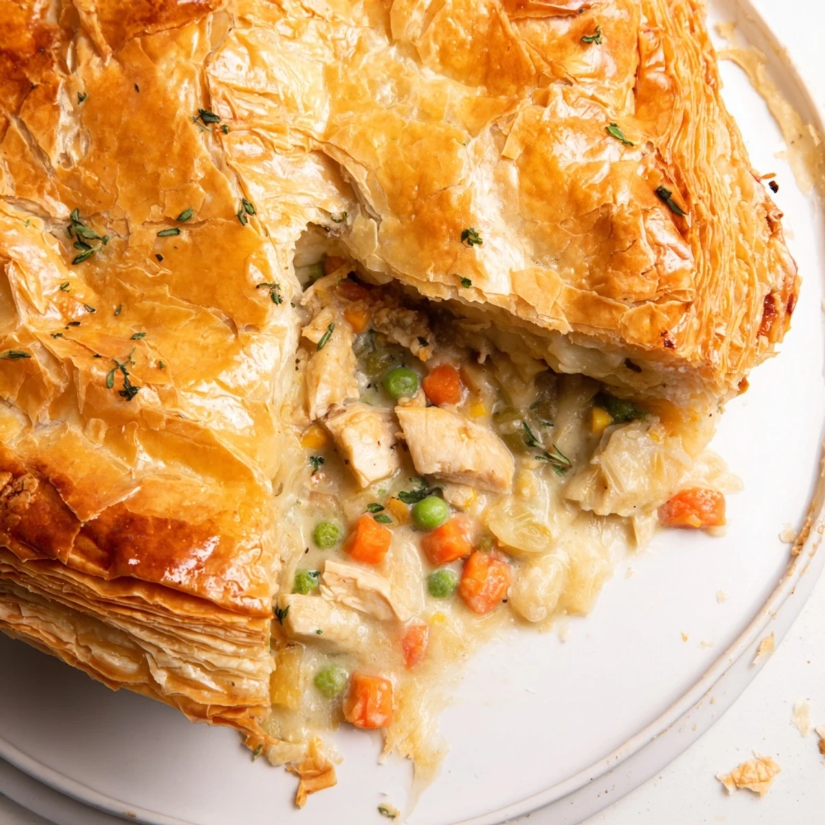 Laurel & herb chicken pot pie, with a golden flaky crust, steaming and ready to serve on a plate.
