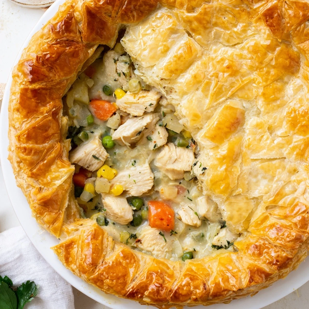 A close-up shot of the savory Laurel & herb chicken pot pie, a cozy American comfort food classic.