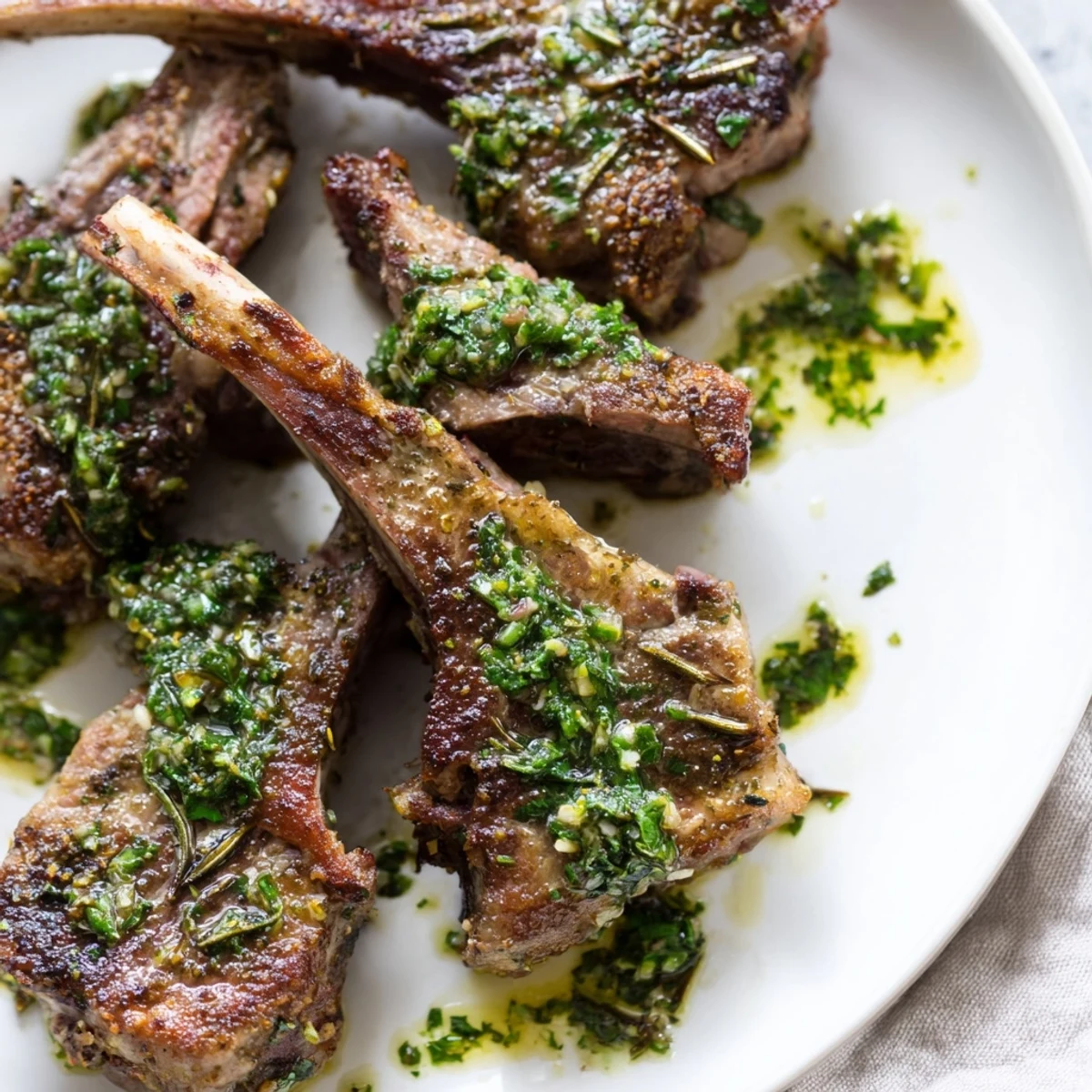 Golden-brown Rustic Mint Weeknight Pan-Seared Lamb Chops sit, drizzled with vibrant mint sauce and ready to enjoy.