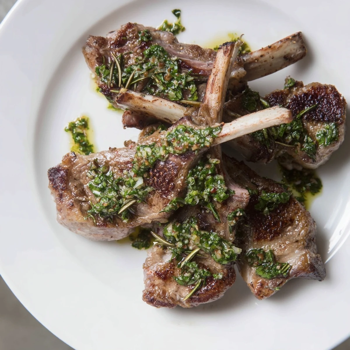A beautifully plated dish of Rustic Mint Weeknight Pan-Seared Lamb Chops, served with a bright and zesty mint sauce.