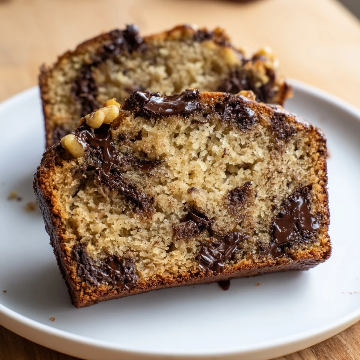 Golden-brown chocolate chip banana bread, freshly baked and ready to slice for a comforting treat.