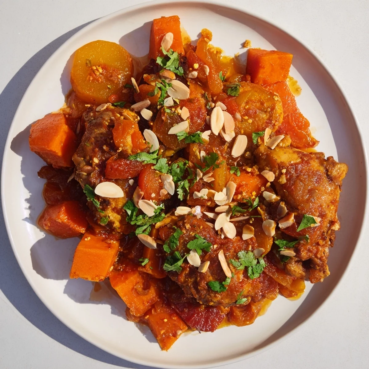 Aromatic slow-cooked Soft Spice Chicken and Sweet Potato Tagine, garnished with fresh cilantro and almonds.