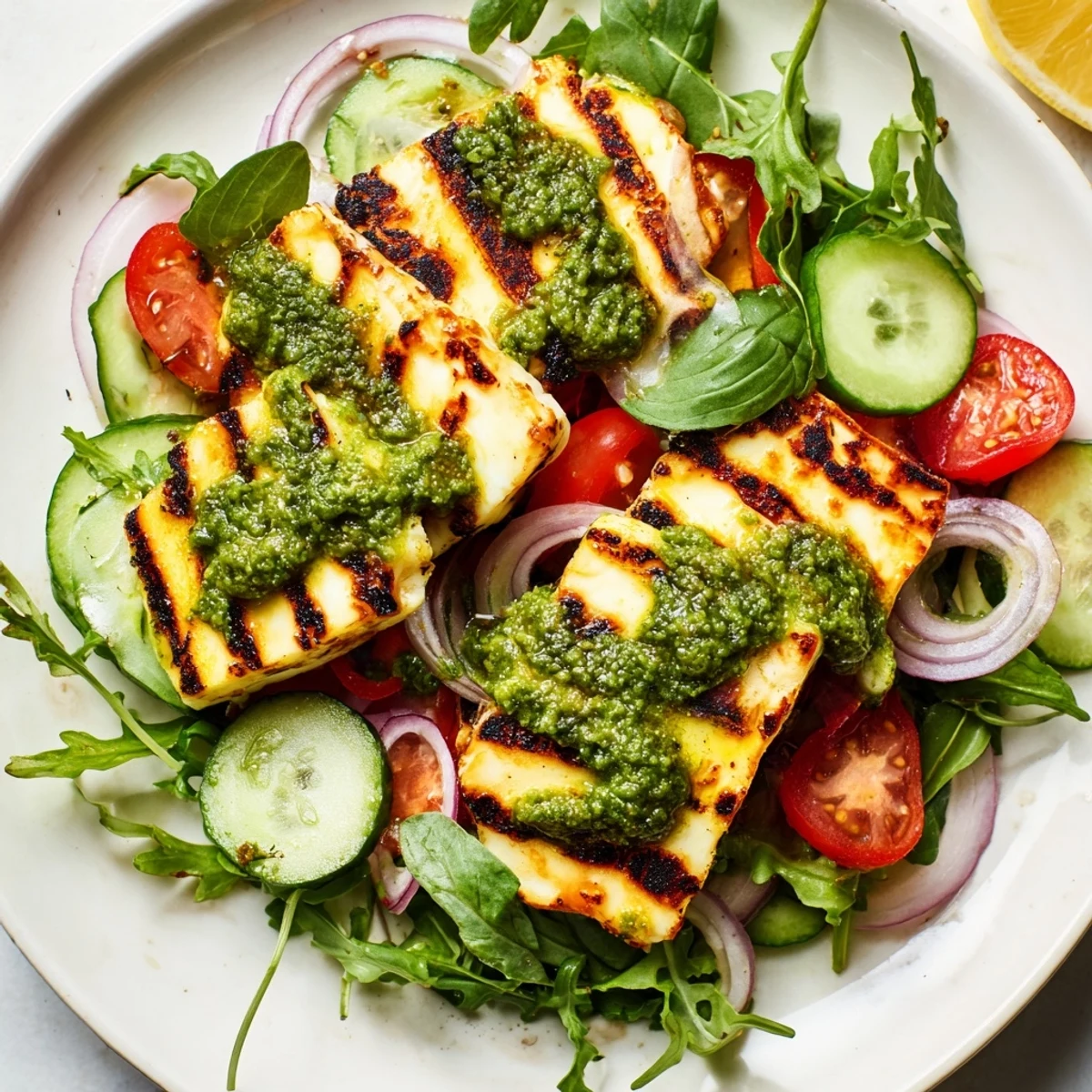 Golden grilled halloumi and pesto plate with fresh pesto, crisp veggies, perfect for summer.