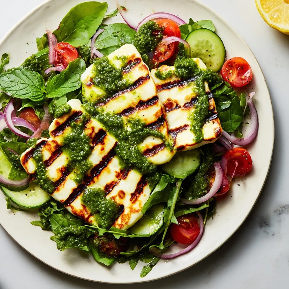 Delicious grilled halloumi recipe plated on greens, topped with pesto; a healthy vegetarian meal.