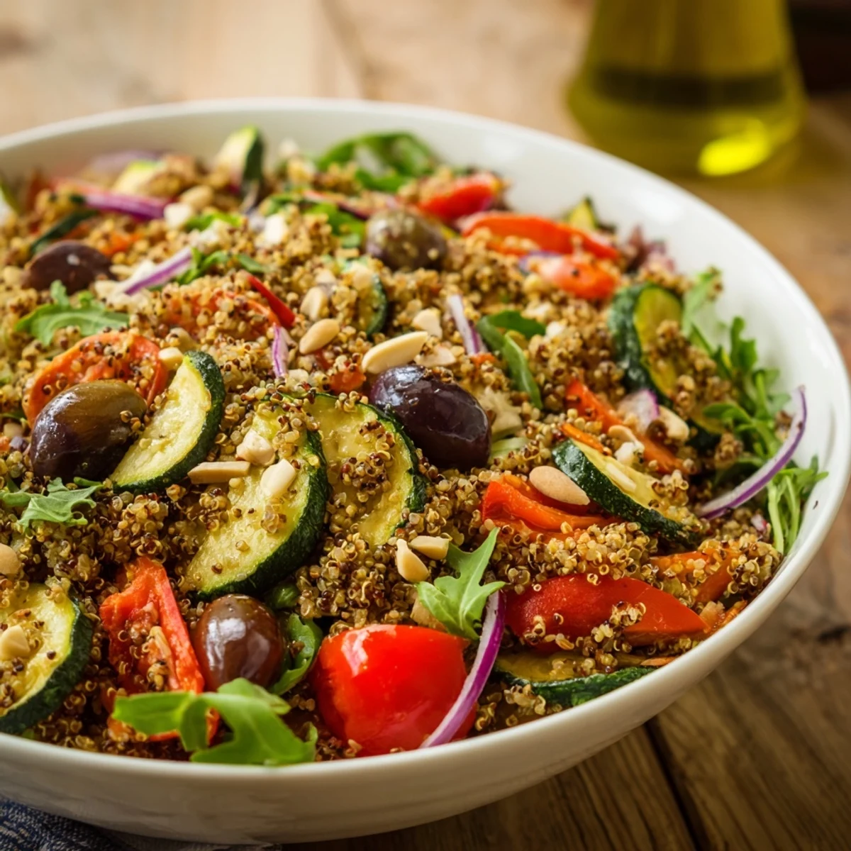Mediterranean Grain Bowl with vibrant colors and a light lemon dressing, ready to eat!