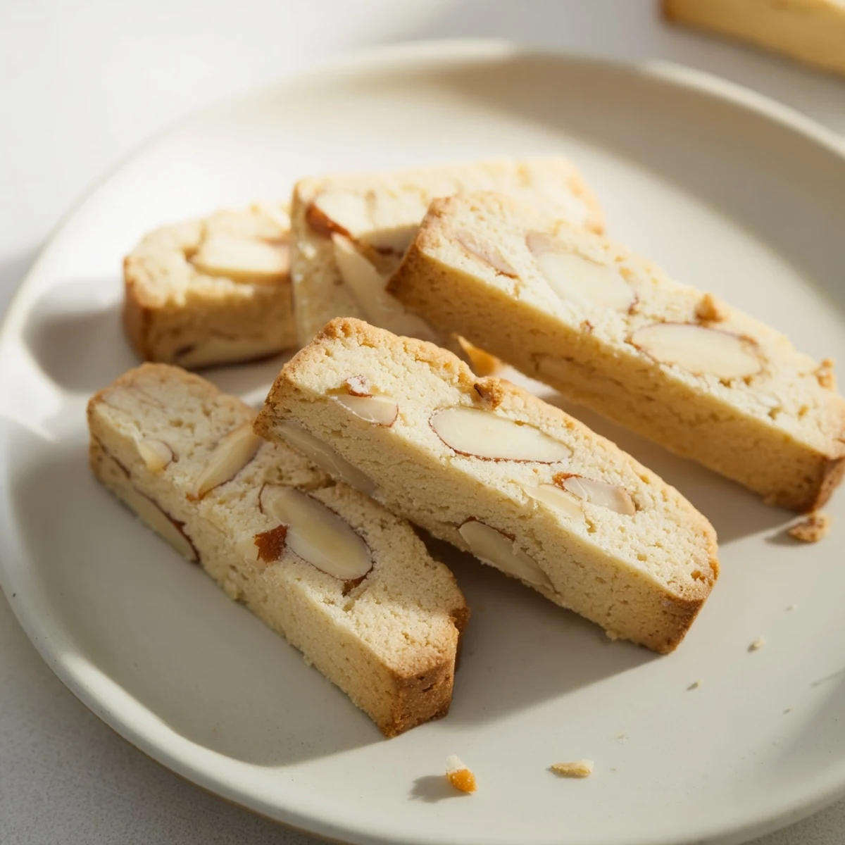 Warm, golden Soft Sweet Almond Biscotti, invitingly displayed, perfect for a coffee break.