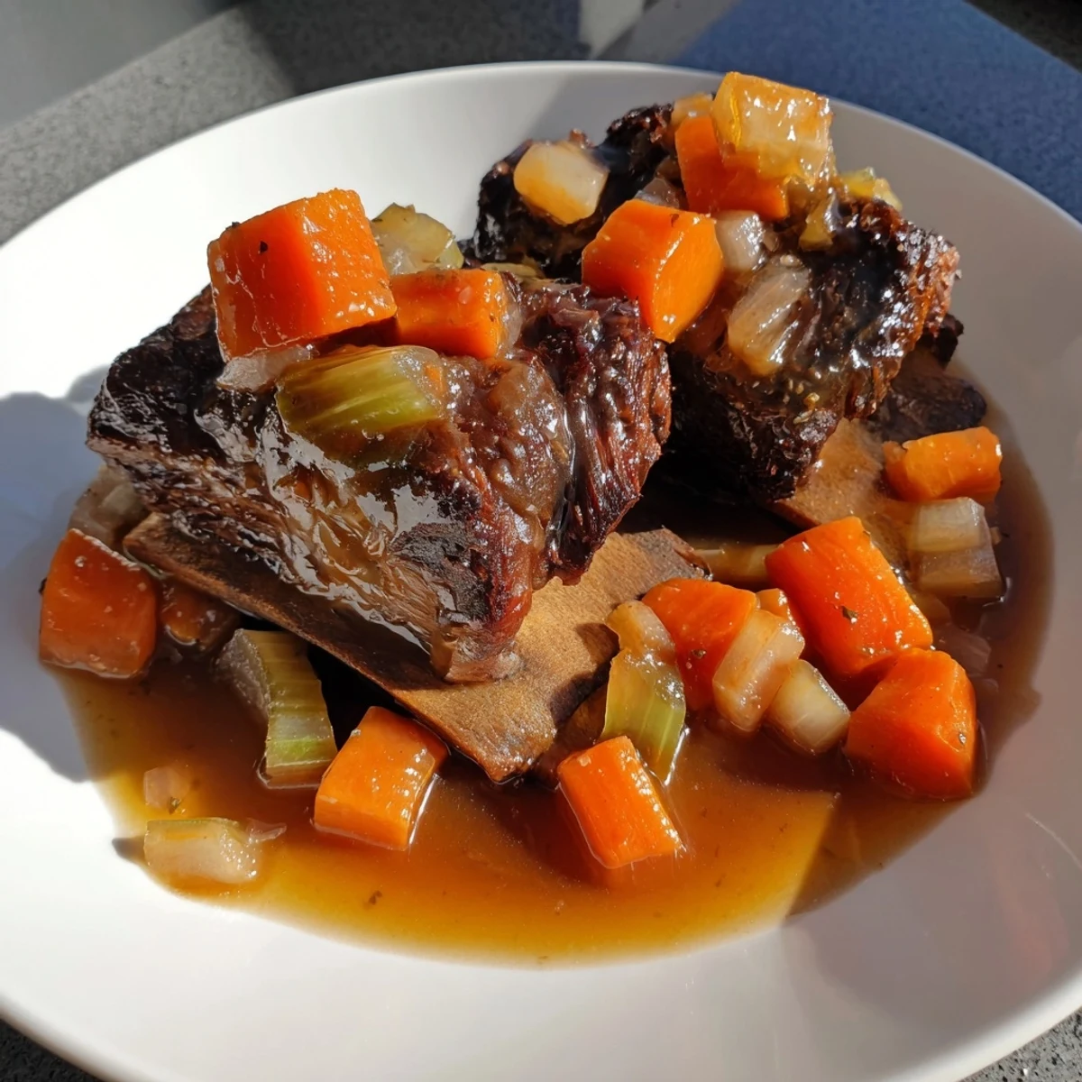 One-Pot Amber-Glowed Beer-Braised Short Ribs, tender and falling apart, served with vibrant vegetables.