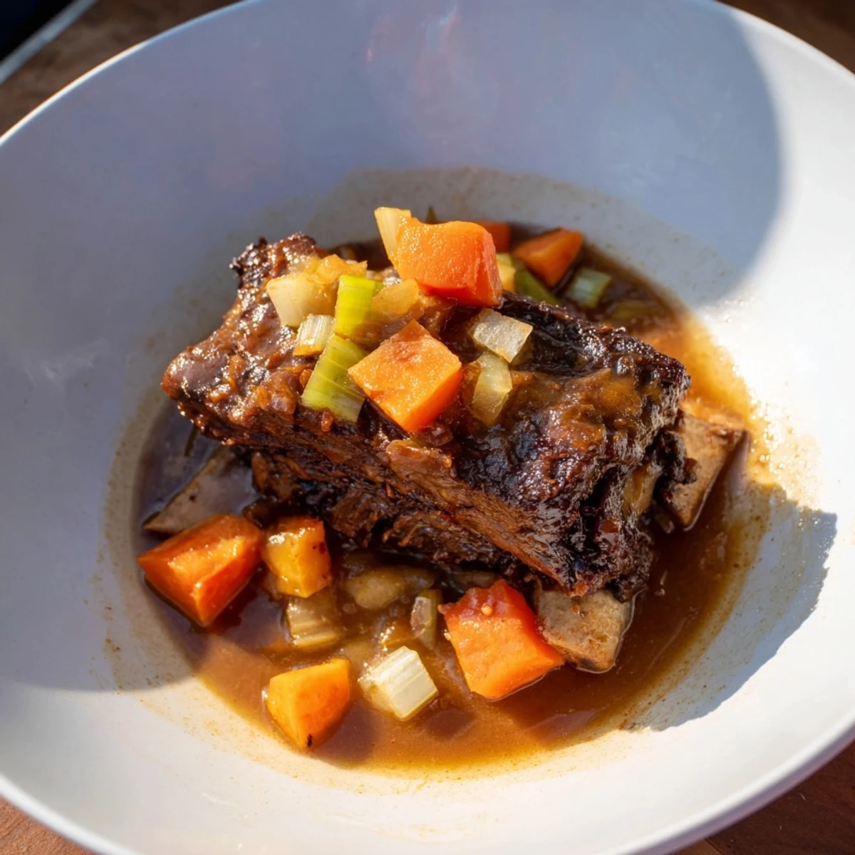 Imagine tender One-Pot Amber-Glowed Beer-Braised Short Ribs glistening in a deep, flavorful, reddish-brown sauce.