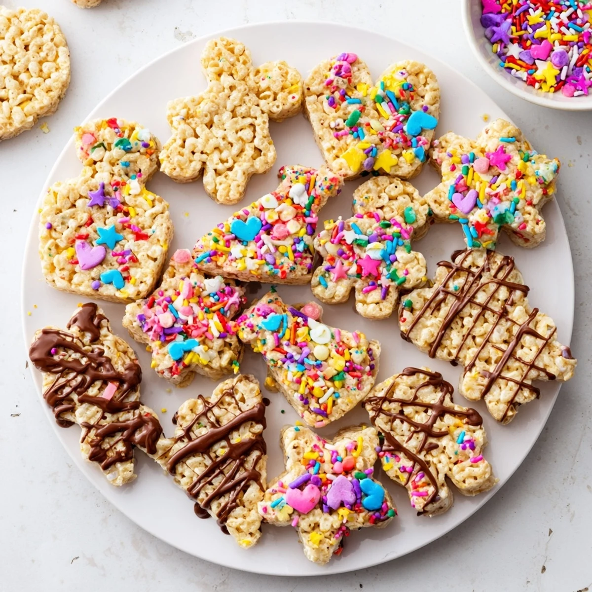 Vibrant sprinkle-covered Cookie Cutter Shaped Rice Krispies Treats presented on a white plate.