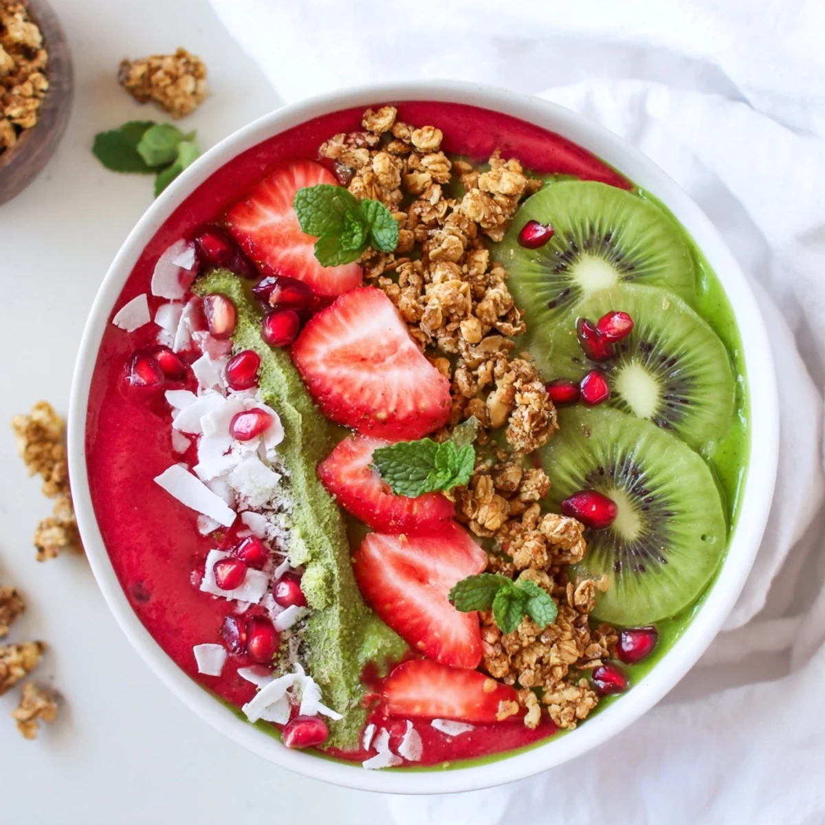 Brightly colored Festive red and green smoothie bowls, bursting with fresh berries, kiwi, and crunchy granola on top.