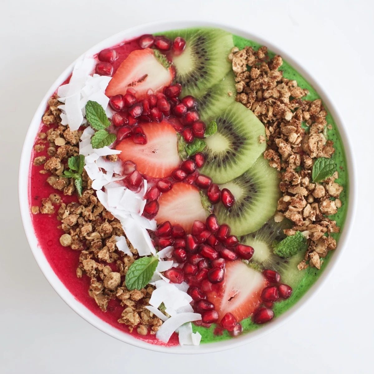 Festive red and green smoothie bowls: A delightful view of vibrant breakfast bowls, arranged with colorful layers.