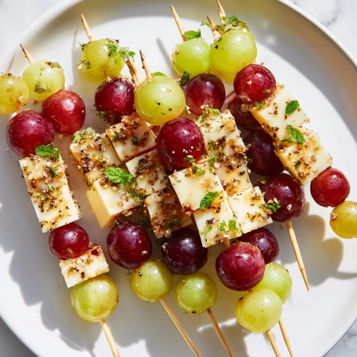 Fresh Sparkling Grape and Cheese Skewers arranged on a platter ready to be served, a simple yet elegant appetizer.