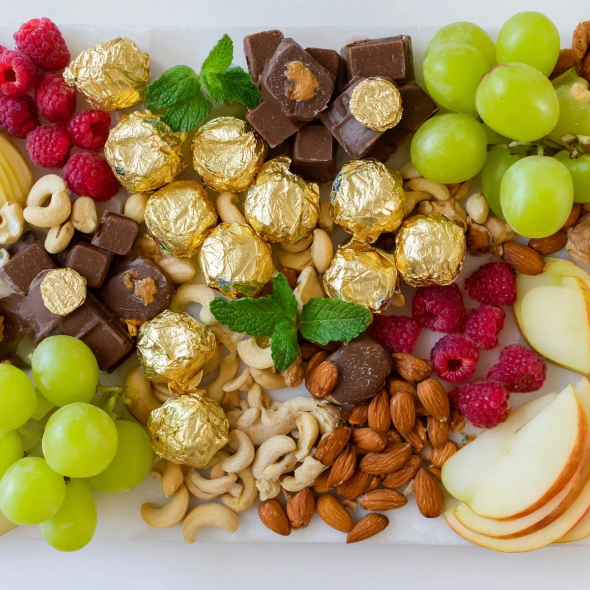This decadent Gold Foil Wrapped Chocolate Board features dark and white chocolate alongside fresh raspberries, ready to be enjoyed.