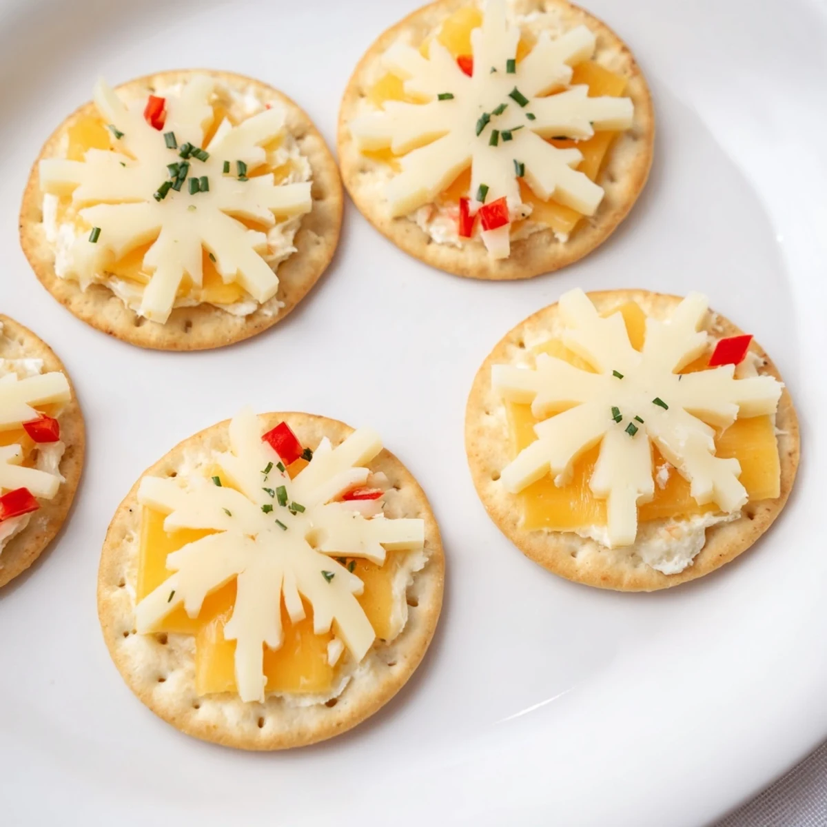 Cracker and cheese snowflake appetizer, beautifully garnished and ready to serve on a holiday platter.