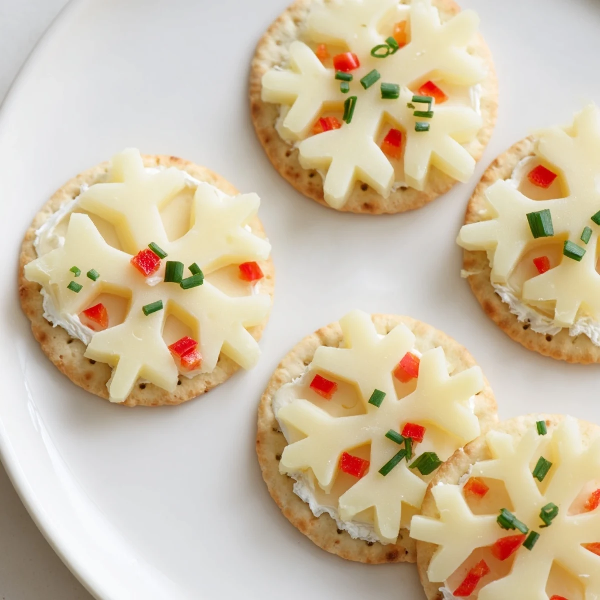 Golden, flaky crackers topped with elegant Cracker and Cheese Snowflake designs, a festive bite.
