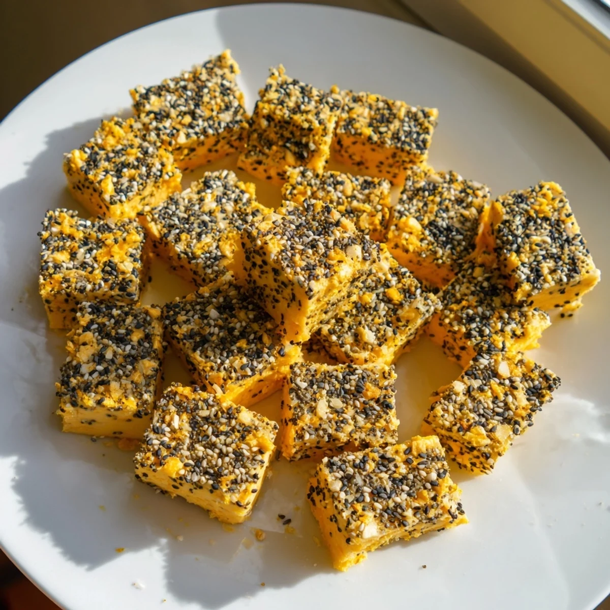 Vibrant everything bagel seasoning coats these delectable cheese cubes, creating a delightful bite-sized treat.