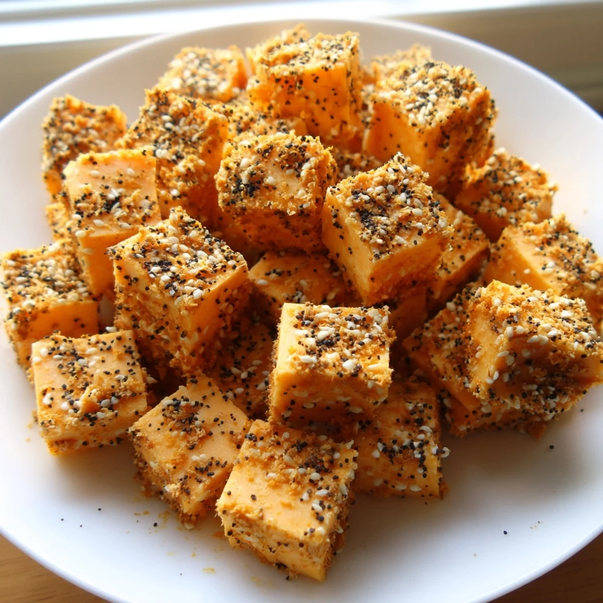 Perfectly seasoned everything bagel cheese cubes offering a delightful balance of flavor and textures for snacking.