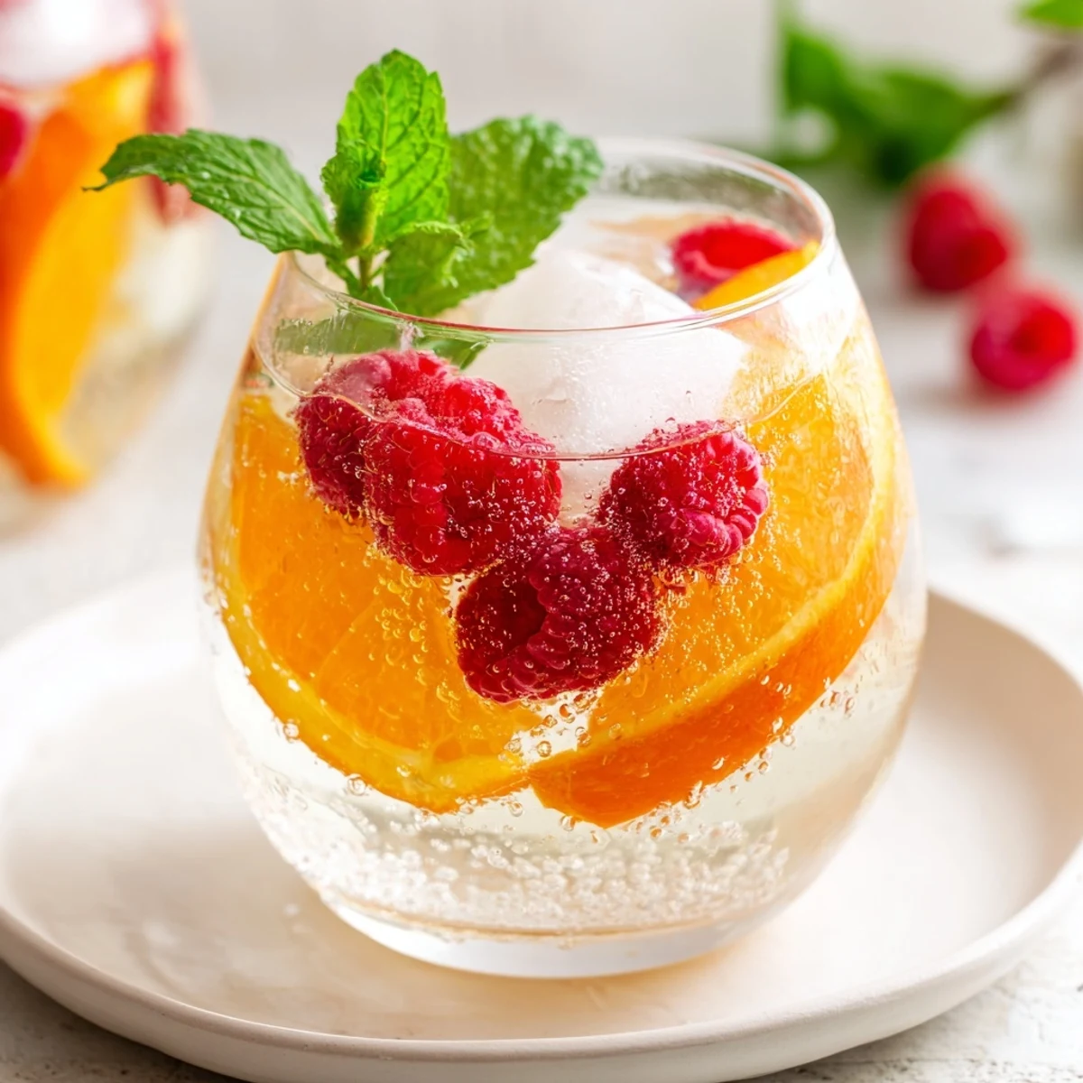 Bright red raspberries float in bubbling Sparkling Juice, garnished with mint sprigs for a refreshing drink.