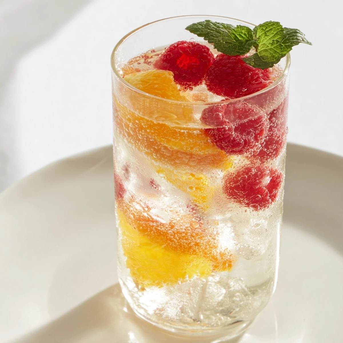Chilled Sparkling Juice with fresh raspberries creates a bubbly, beautiful drink, ideal for festive occasions.