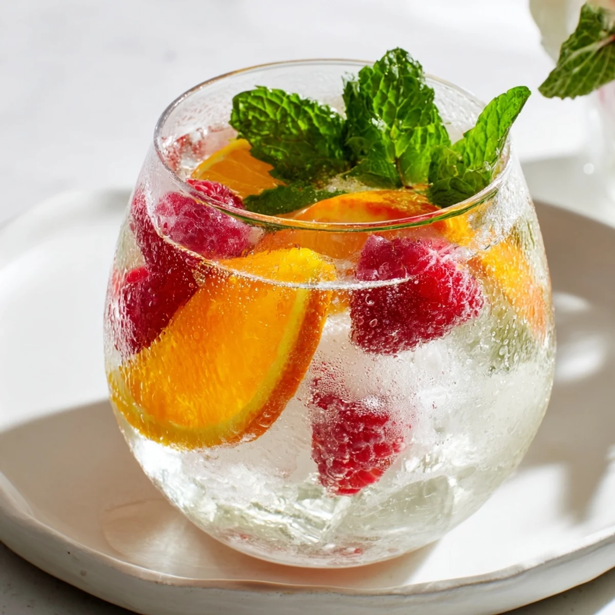 A close-up reveals icy glasses of Sparkling Juice with plump raspberries and orange slices, ready to sip.
