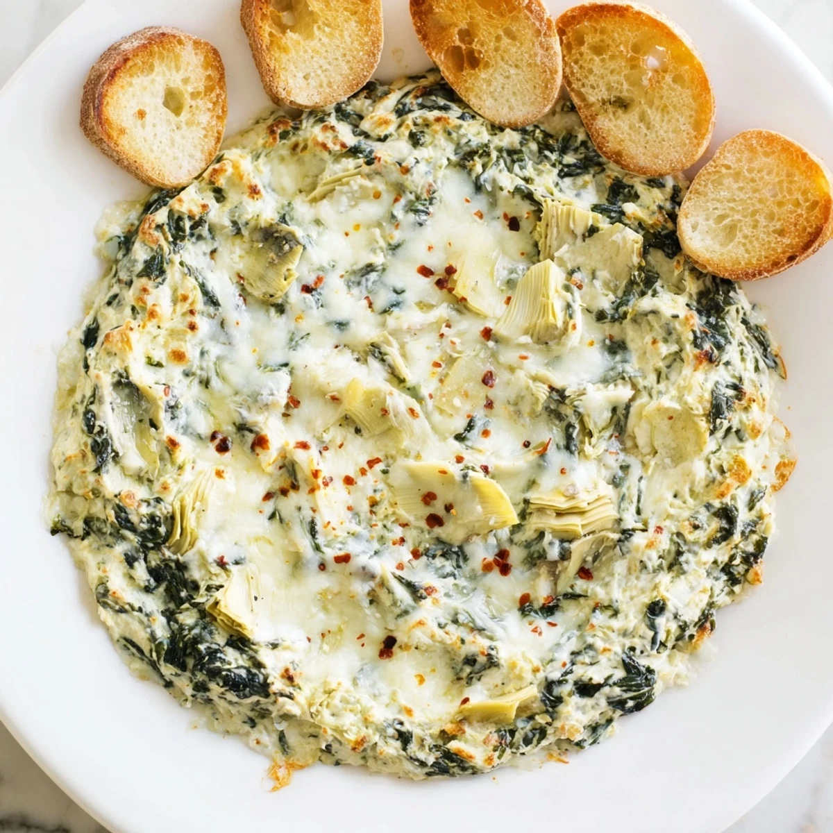 Creamy Spinach Artichoke Dip, bubbling hot and served with crispy, golden baguette slices.