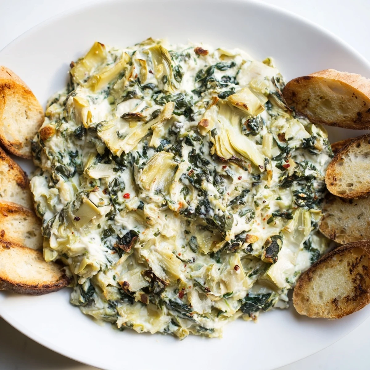 A close-up of Spinach Artichoke Dip, rich cheese pull, perfect for dipping toasted bread.