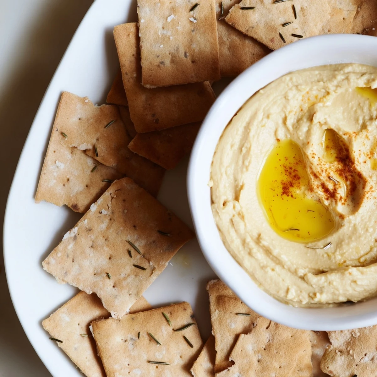 Close-up of a delightful appetizer: homemade Rosemary Cracker with a scoop of smooth hummus.