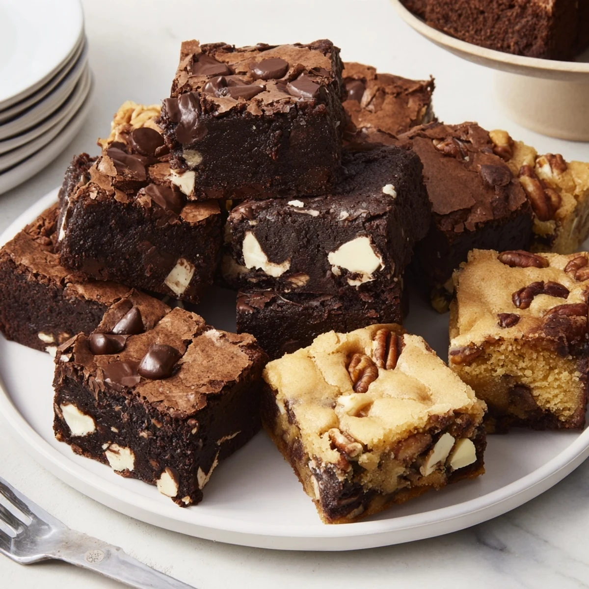 Close-up of a Dessert Platter showcases delicious brownie and blondie squares, perfect for sharing.