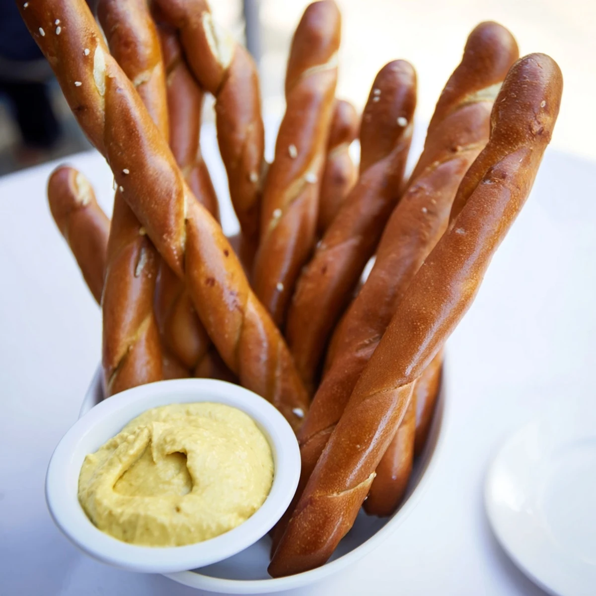 Golden pretzel rods are arranged next to a vibrant bowl of zesty hot mustard dip.