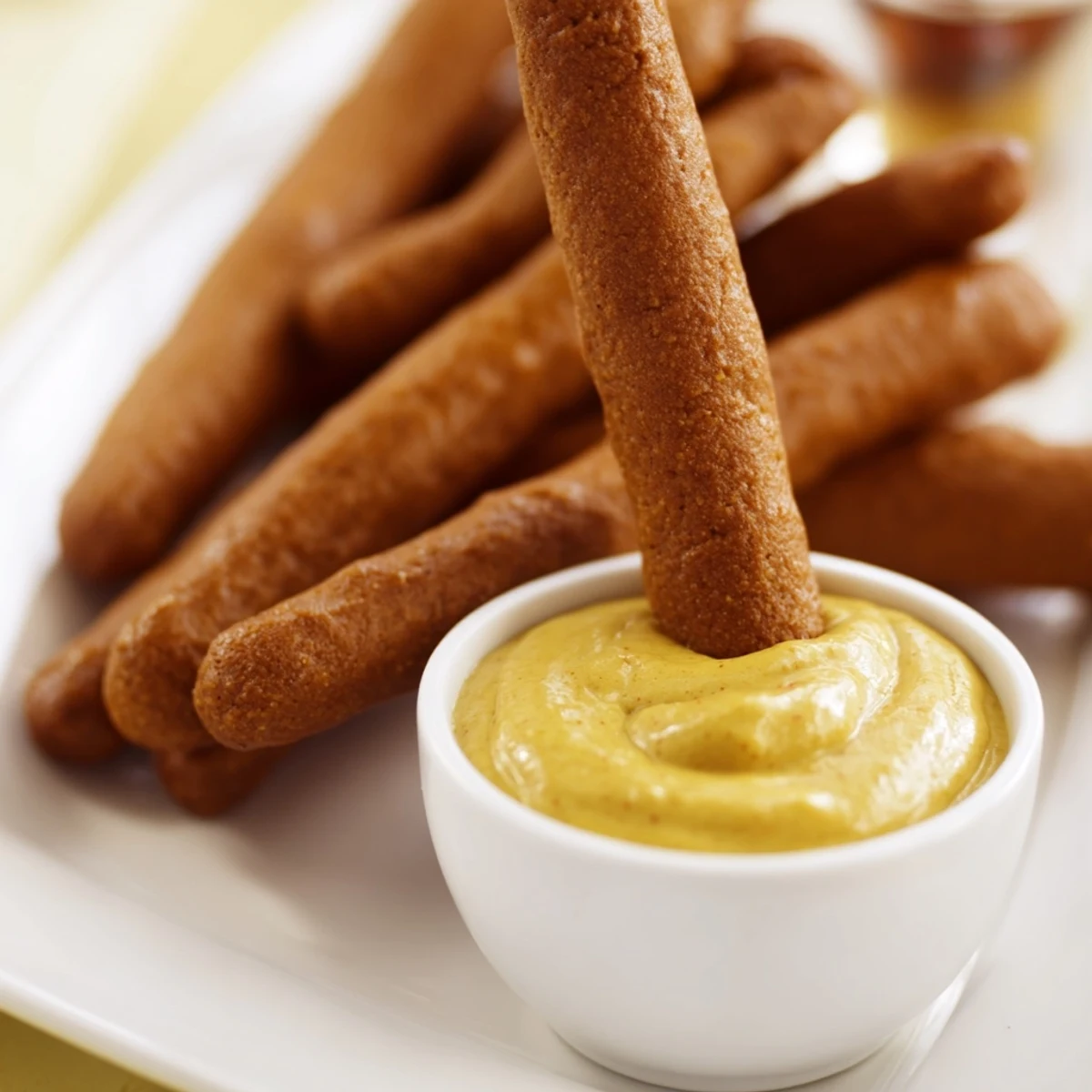 Close-up of pretzel rods with hot mustard dip, a flavorful and easy appetizer for your guests.