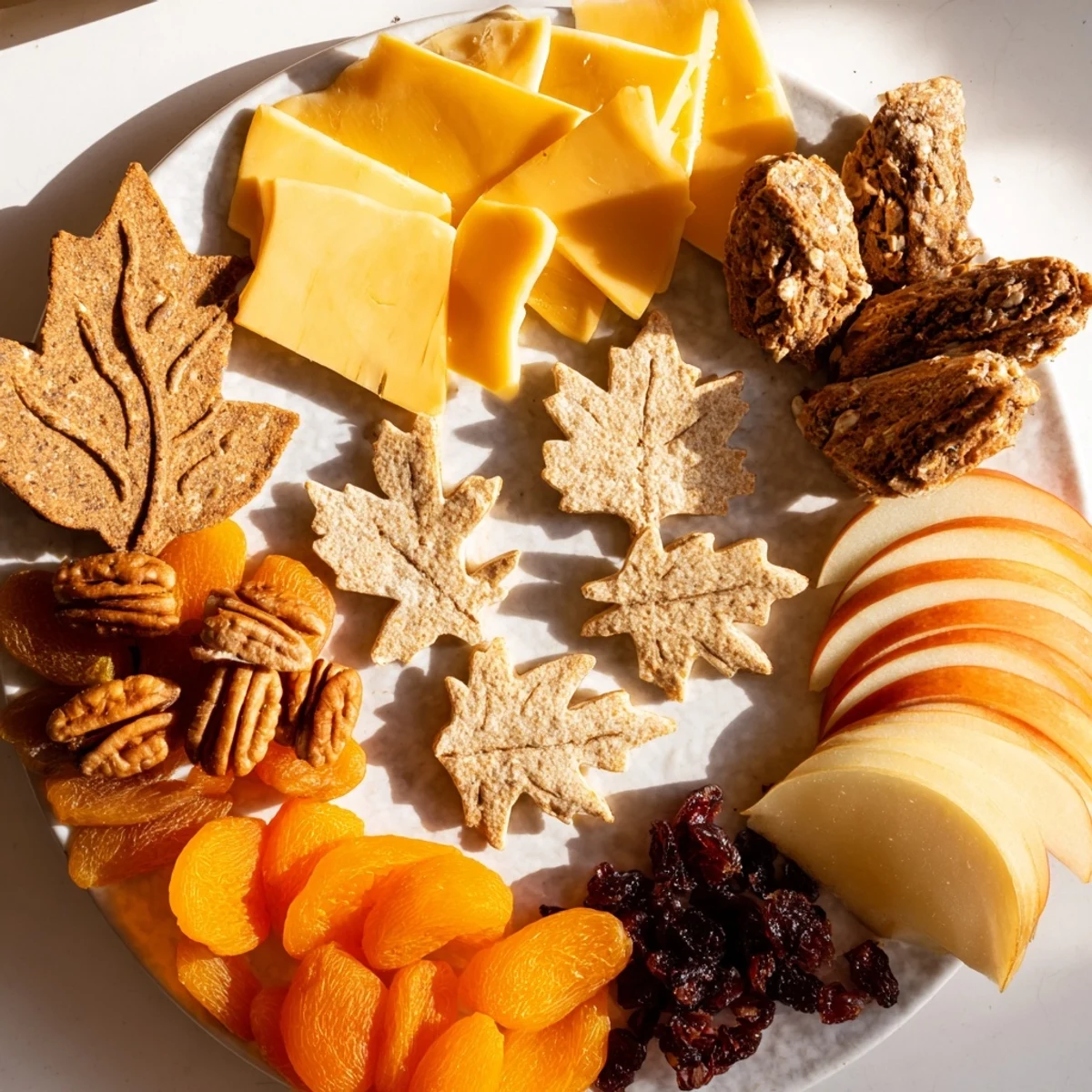 Thanksgiving leaf fall snack board showcasing autumn-shaped cheeses, fruits, and crackers perfect for your holiday!