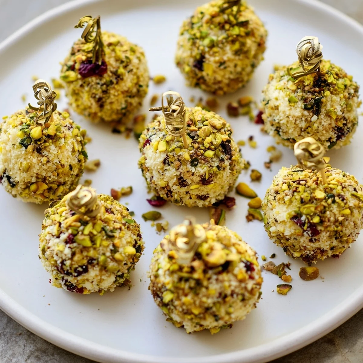 Festive Holiday Ornament Clusters, cheese balls coated in nuts, herbs, and cranberries, ideal for Christmas.