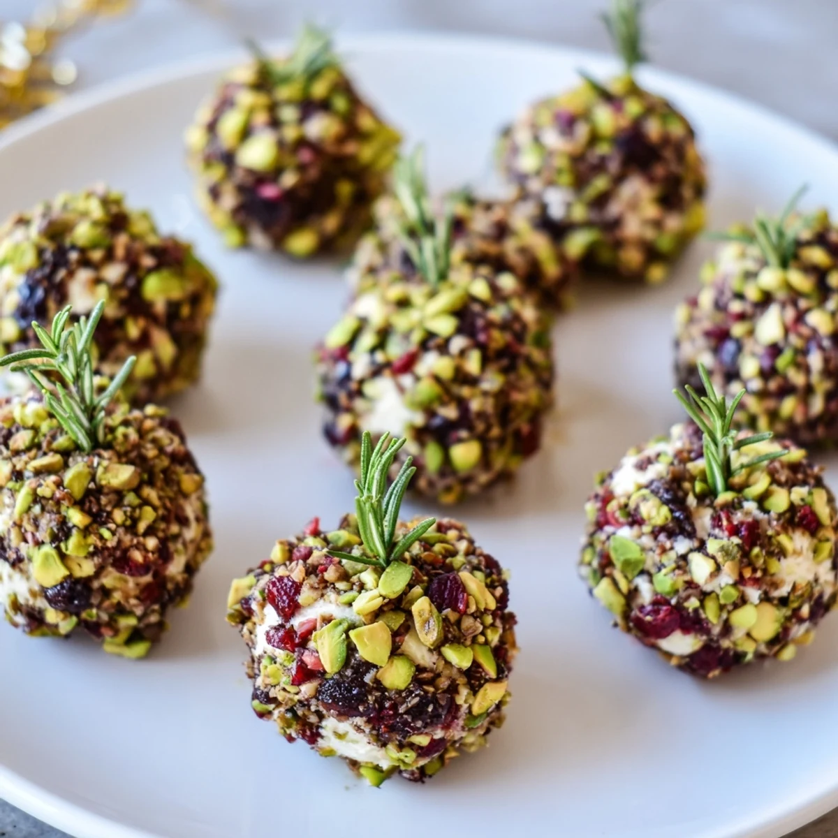 A colorful platter of Holiday Ornament Clusters, perfect bite-sized cheese balls for your holiday party.